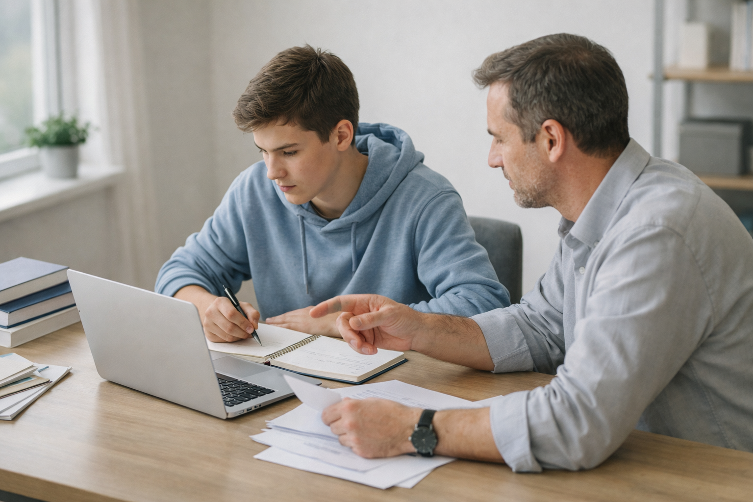 High school student works quietly at a desk with a tutor nearby, reviewing notes on a laptop and notebook in a calm, professional study setting with natural light.