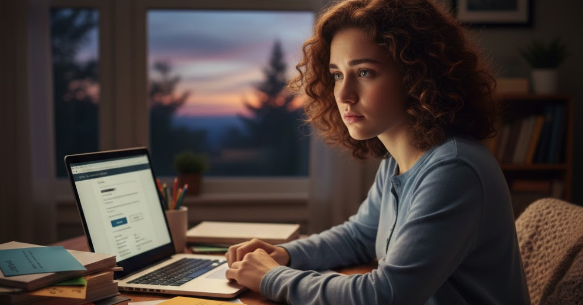 High school student sitting at a desk at dusk, reading a college decision on a laptop, looking thoughtful and uncertain, reflecting the emotions of being deferred and deciding next steps in the admissions process.